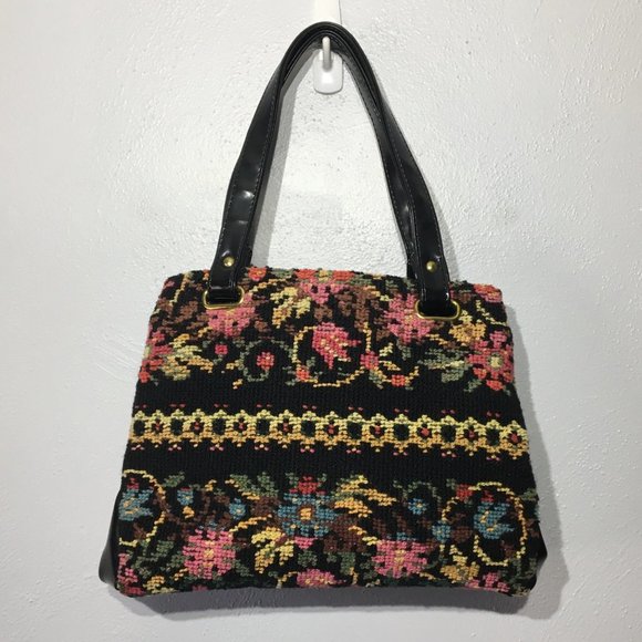 Vintage 50s 60s Needlepoint Tapestry Carpet Bag Black Colorful Floral Purse - Picture 8 of 16